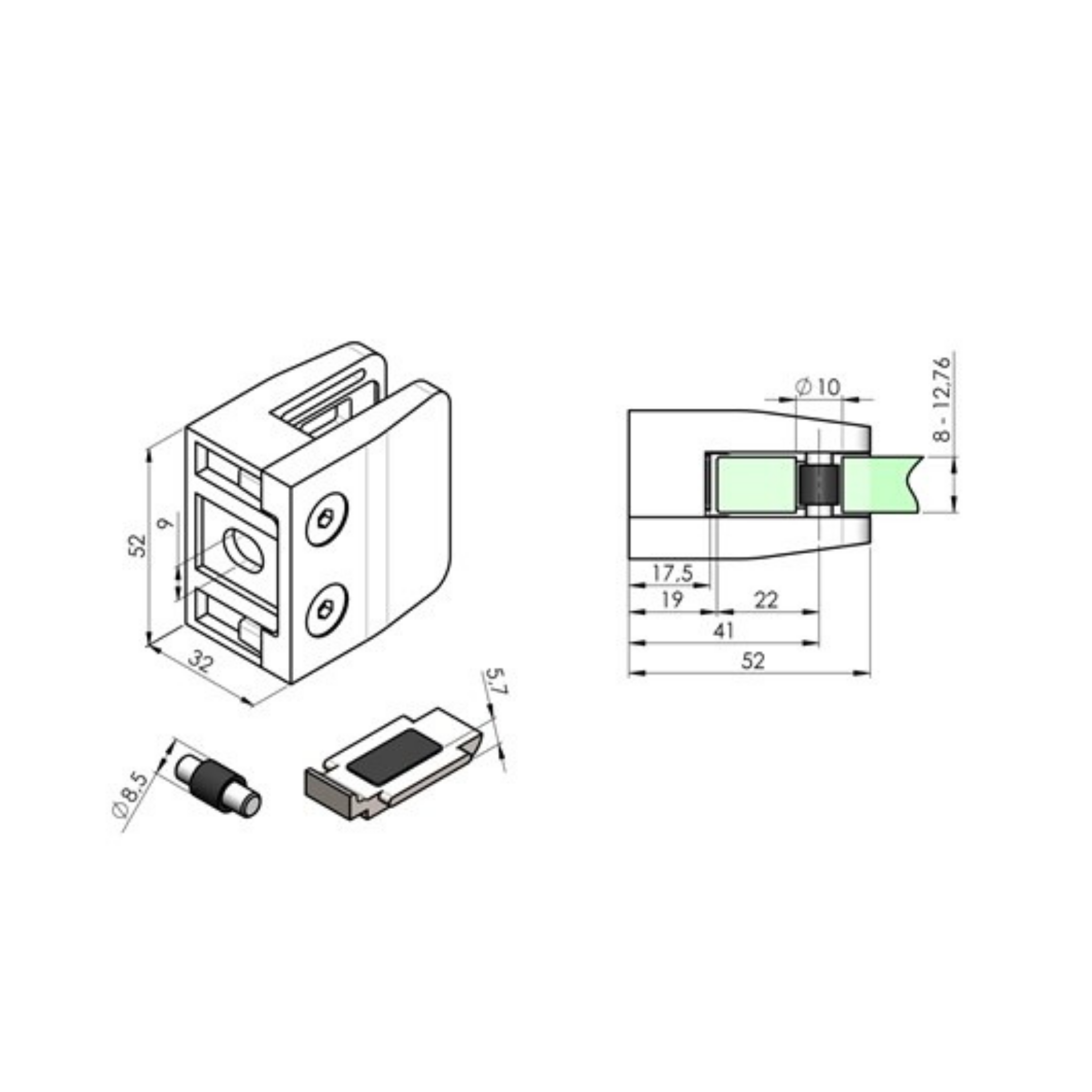 (D) Glass clamp - Flat (L=52) - StroFIX