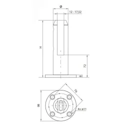 Strofix apaļā stikla margu balsta sānskats ar redzamu 182 mm augstumu un stikla kanālu 12-17,52 mm paneļiem