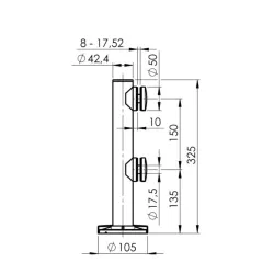 Strofix side-mount round glass clamp showing 325 mm height and glass channel for 12-17.52 mm panels