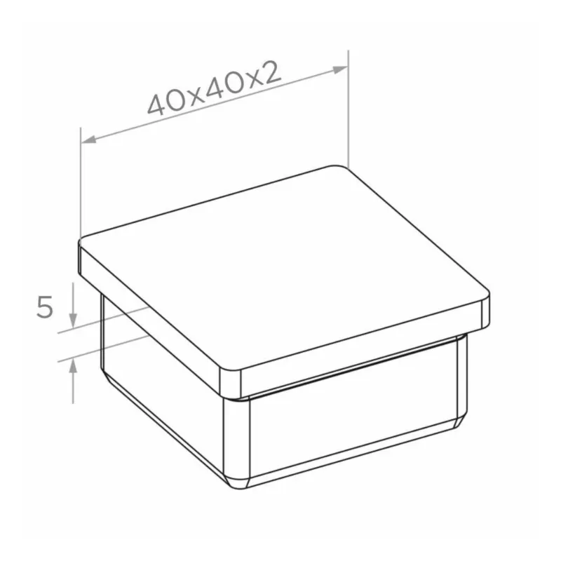 Strofix plakanā gala nosegvāka 40x40 mm kvadrātcaurulei apakšskats ar redzamu ievietošanas profilu
