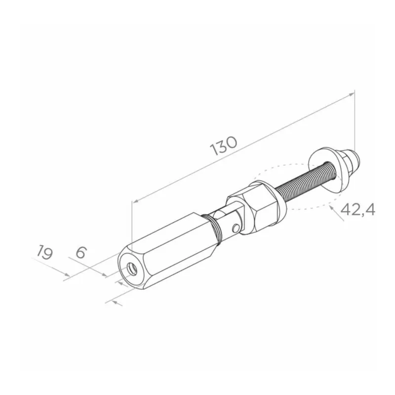 Strofix rope holder for Ø42.4 mm tube side view showing 130 mm length and 19 mm body diameter