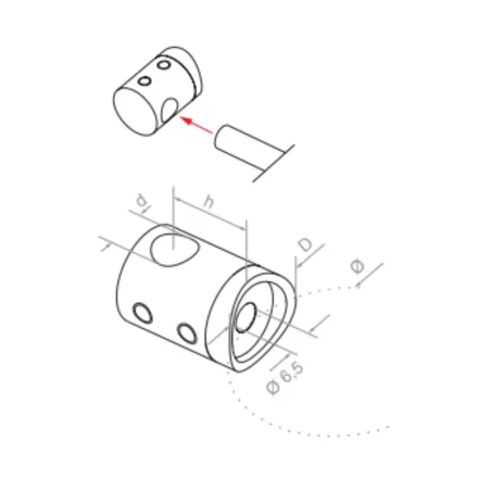 Strofix labā gala reliņa turētāja sānskats ar redzamu aklo caurumu un Ø6,5 mm skrūves atveri