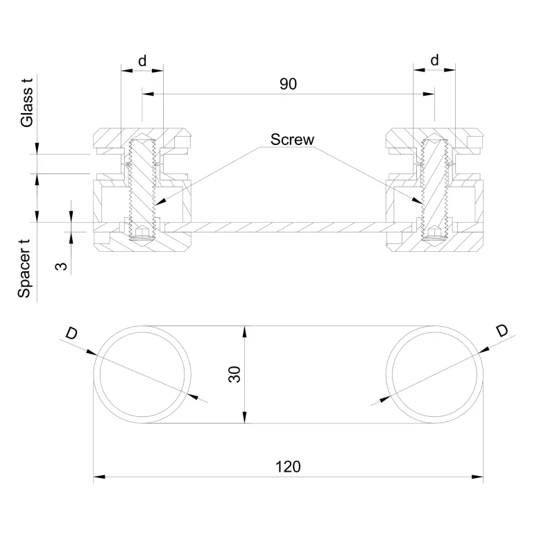 Glass adaptor - double, D30, SS, satin - Strofix