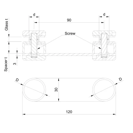 Glass adaptor - double, D30, SS, satin - Strofix
