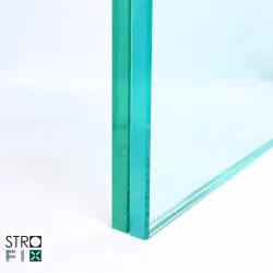 Side view of 66.2 ESG glass canopy panel showing polished edge finish and hole positioning