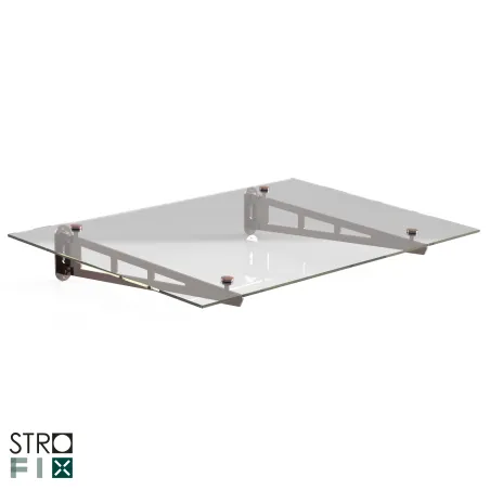 Side view of 2-support painted steel glass canopy showing bracket profile and 1150 mm projection