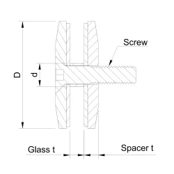 D60 glass adaptor side profile showing 8 mm spacer and M10 x 45 mm DIN 7991 screw