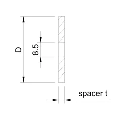 Side view of D40 distancer spacer showing Ø 8.5 mm unthreaded through-hole and 4 mm thickness