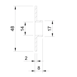 Side view of D50 flanged EPDM gasket showing 2 mm body thickness and 8 mm total height with flange