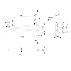 Strofix undersupported bracket for glass canopy, 900-1050 mm depth, technical drawing