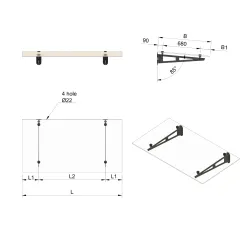 Technical view of 2-support painted steel glass canopy showing bracket profile and 1000 mm projection