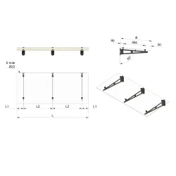 Strofix glass canopy kit on 3 painted S355 steel supports, 1000 mm depth, technical drawing