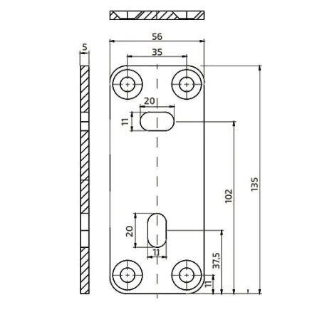 Strofix assembly plate 135x56 showing flat mounting surface and fixing holes for post clamps