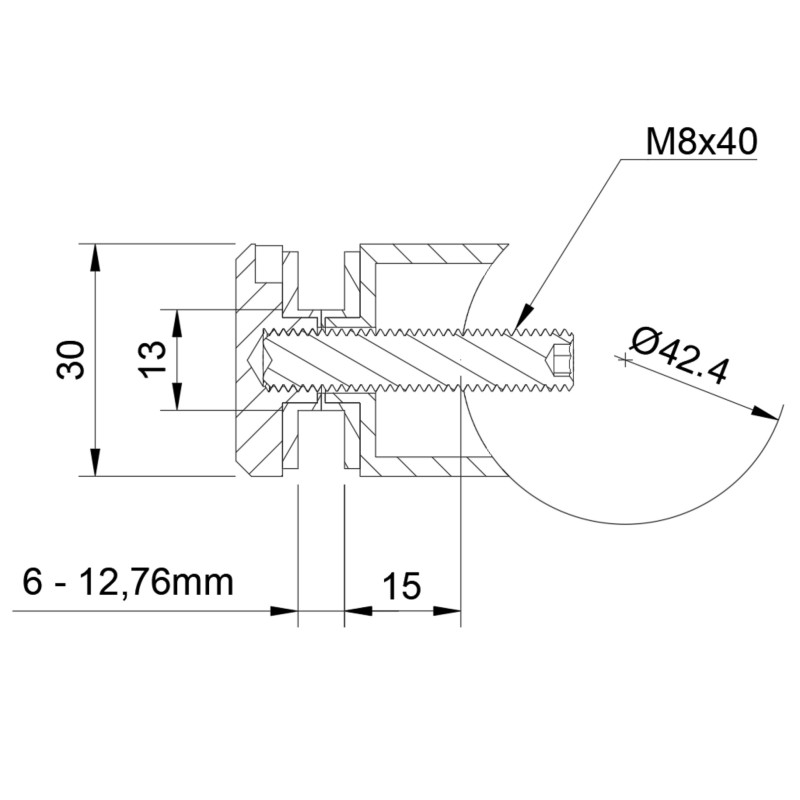 D30 tube adaptor technical drawing with Ø42.4 mm tube seat and Ø14 mm glass hole