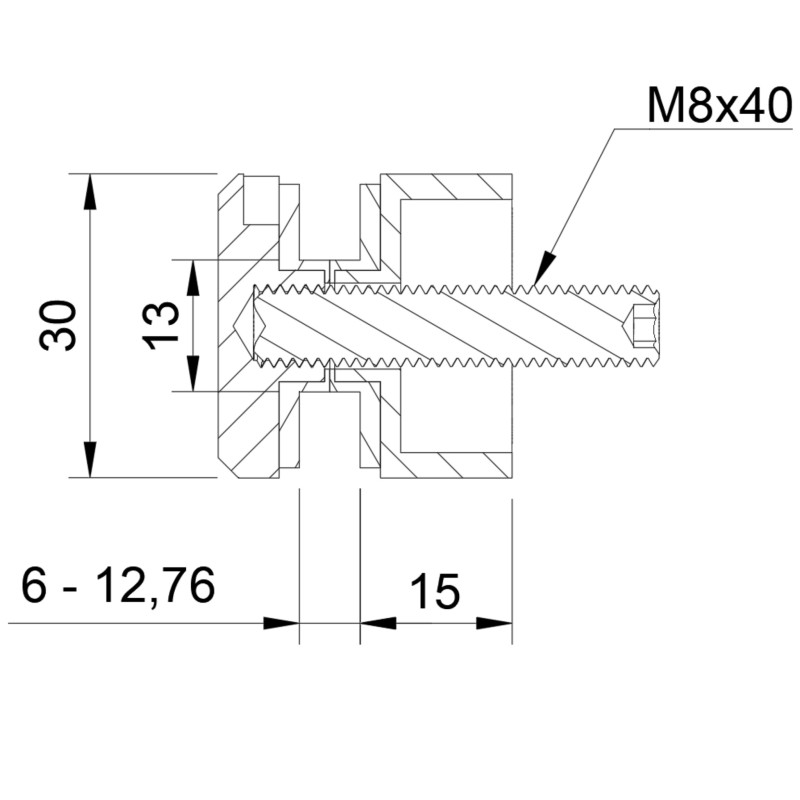 D30 glass adaptor side profile showing spacer height and M8 threaded stud