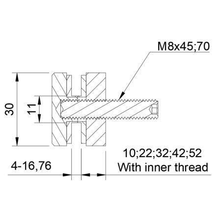 D30 inner-thread adaptor technical drawing with spacer heights 10-52 mm and Ø14 mm glass hole