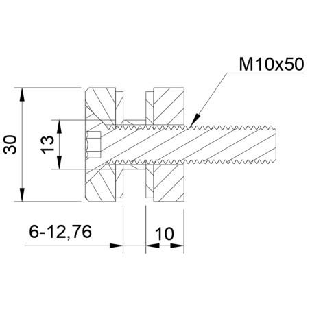 D30 M10 glass adaptor technical drawing with Ø14 mm glass hole and 10 mm spacer