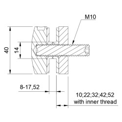 D40 spherical inner-thread adaptor technical drawing with Ø15 mm glass hole and 10-52 mm spacer