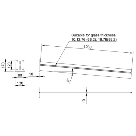 Technical drawing of 1200 mm undersupported bracket with wall fixing points and 1200 mm projection