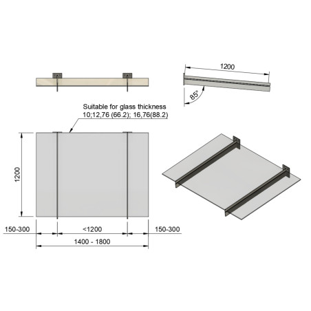 Technical drawing of glass canopy on 2 supports with 1200 mm depth and width dimensions