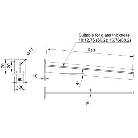 Technical drawing of 1000 mm undersupported bracket with wall fixing points and 1000 mm projection