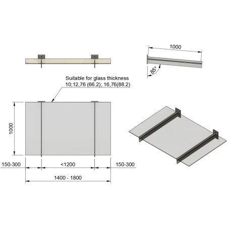 Technical drawing of glass canopy on 2 supports with 1000 mm depth and width dimensions