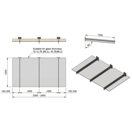Technical drawing of glass canopy on 3 supports with 1200 mm depth and width dimensions