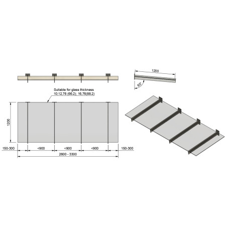 Technical drawing of glass canopy on 4 supports with 1200 mm depth and width dimensions
