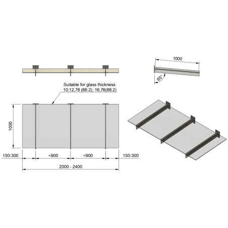 Front view of assembled 3-support glass canopy showing bracket spacing and glass panel