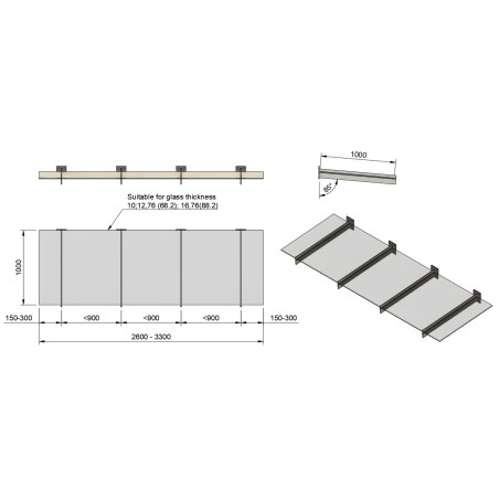 Technical drawing of glass canopy on 4 supports with 1000 mm depth and width dimensions
