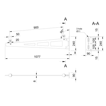 Side profile of Strofix undersupported canopy bracket showing 1100-1300 mm wall projection