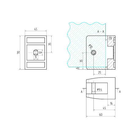 Glass clamp 60x70mm, Flat, Satin, With support