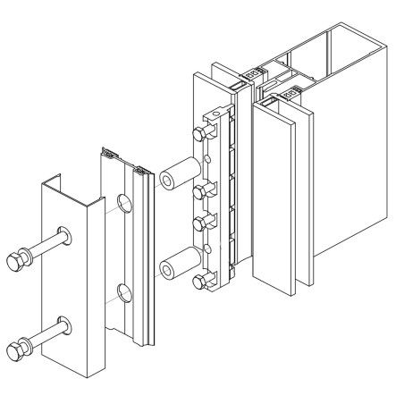 Strofix facade connector showing installation profile through glass curtain wall assembly