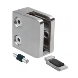 Strofix glass clamp 45x45 mm flat with support, satin stainless steel, front view showing safety pin