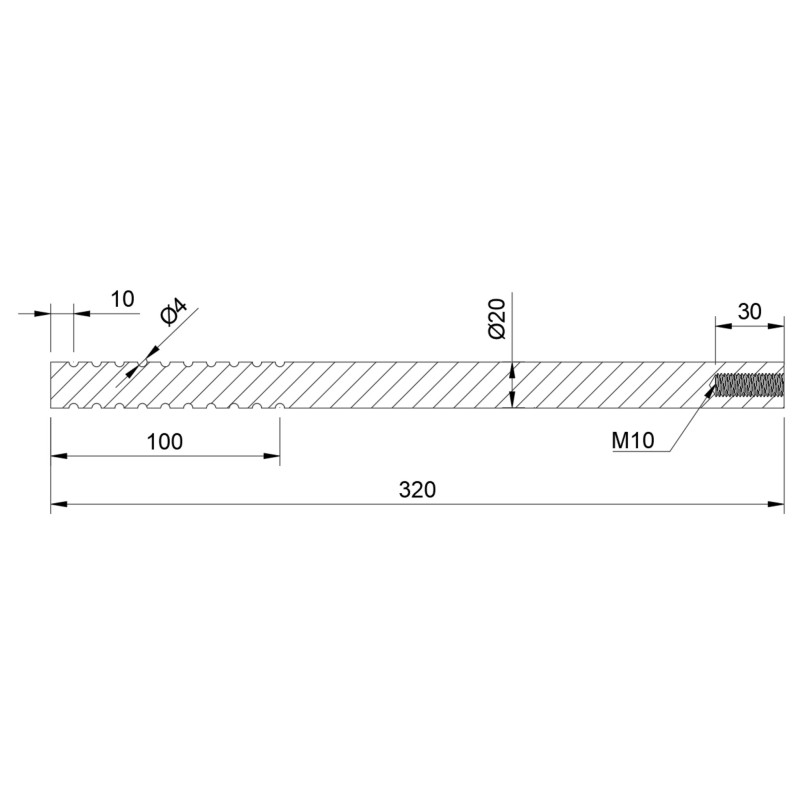 Strofix steel anchor D20 L 320 M10 side view showing electrophoretic coating and thread profile