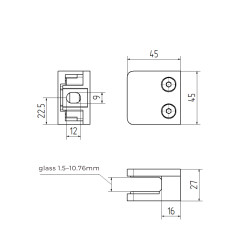 Strofix glass clamp 45x45 flat side view showing 20 mm standoff and glass grip channel