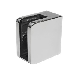 Strofix glass clamp 45x45 mm flat polished with support, mirror finish, front view showing safety bracket