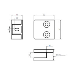 Strofix glass clamp 30x30 for Ø42.4 tube side view showing 18 mm depth and 12 mm glass standoff