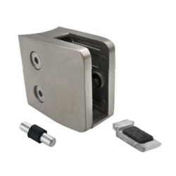 Strofix glass clamp 55x55 mm for Ø42.4 tube with support, satin, showing larger square body on round post