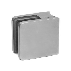 Strofix glass clamp 45x45 mm for Ø42.4 tube, satin, showing curved tube-mount back and glass grip