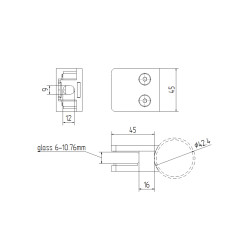 Strofix glass clamp 45x45 for Ø42.4 tube side view showing 20 mm standoff and 26 mm depth