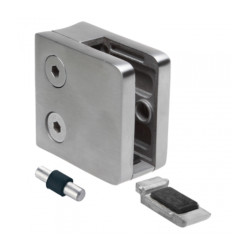 Strofix glass clamp 45x45 mm for Ø42.4 tube with support, satin, showing safety bracket and curved back
