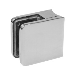 Strofix glass clamp 45x45 mm polished for Ø42.4 tube, mirror finish, showing curved tube-mount back