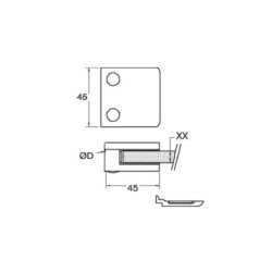 Strofix glass clamp 45x45 polished Ø42.4 with support showing security plate and curved tube-mount back