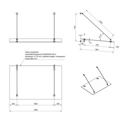Strofix hanging glass canopy kit showing glass panel dimensions and 2-rod suspension hardware configuration