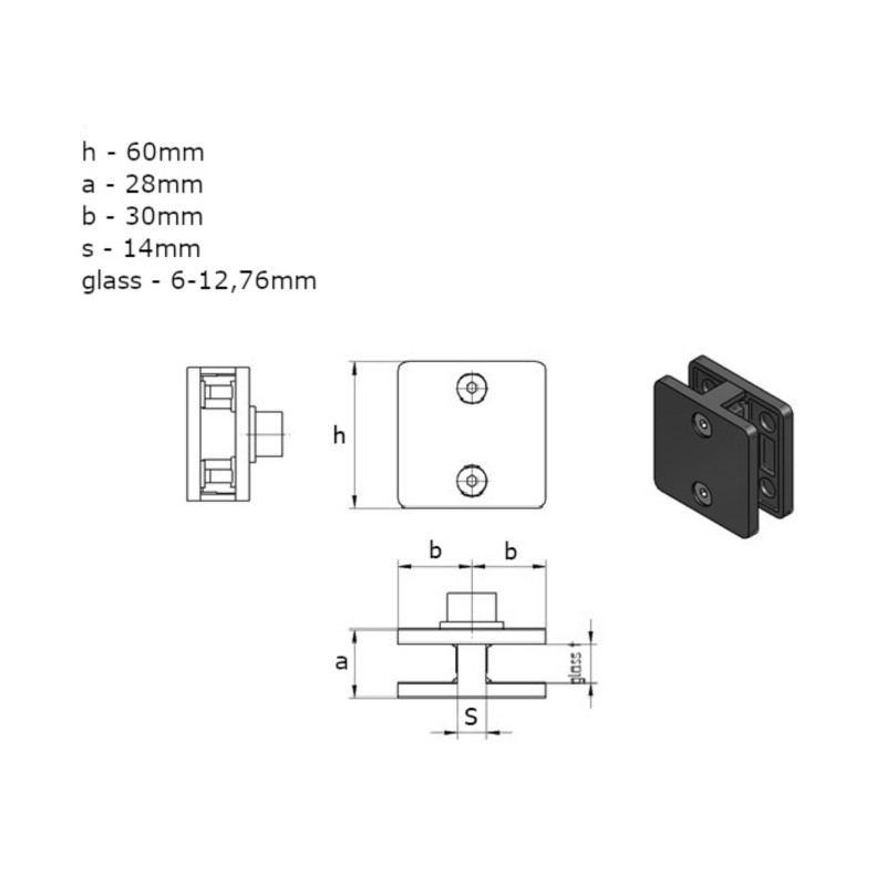 Strofix glass clamp 60x60 180° for Ø42.4 tube showing double glass grip and curved tube-mount back