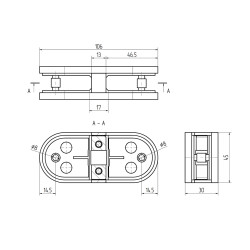 Strofix glass clamp 45x106 180° showing horizontal bar profile and glass connection detail