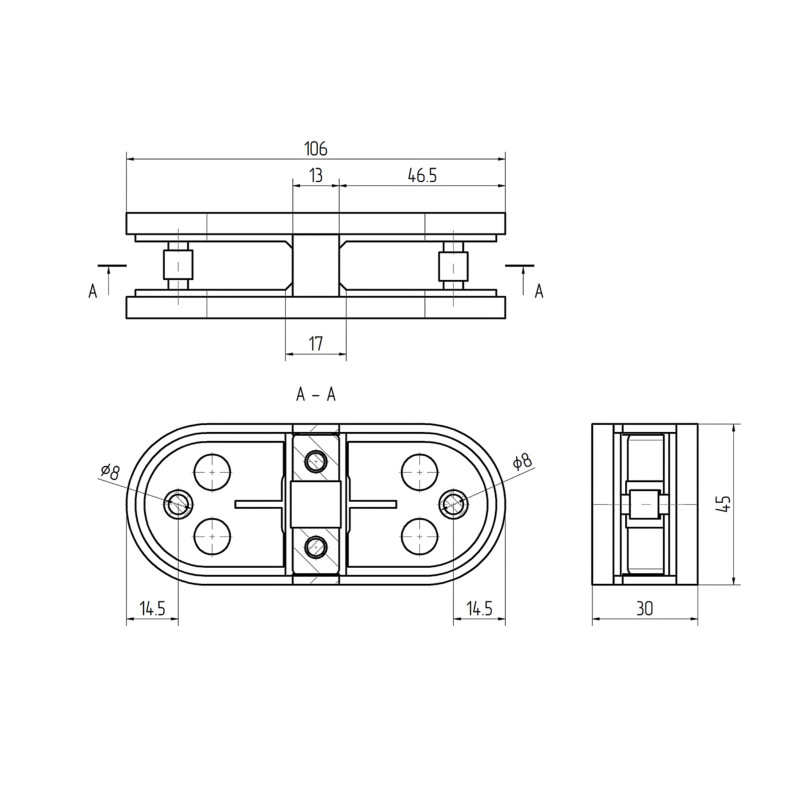 Strofix glass clamp 45x106 180° showing horizontal bar profile and glass connection detail