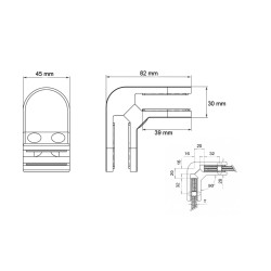 Strofix glass clamp 90° corner showing joint profile connecting two panels at right angle