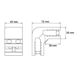 Strofix stikla turētājs 45x72 90° ar platāku stūra savienojuma korpusu stiklam līdz 12,76 mm